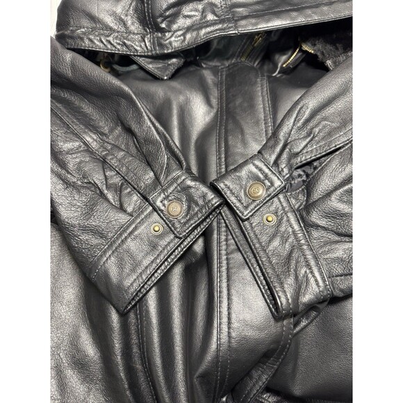 Veranesi Women's Genuine Leather Coat 28W Plus Black Faux Fur Lined Hood Parka - Picture 11 of 16